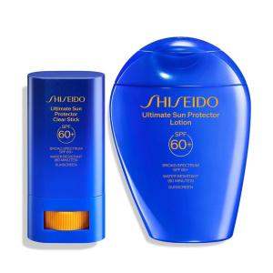 Shiseido Ultimate Sun Protector Clear Stick SPF 60+ (0.7 oz) + Sun Protector Lotion SPF 60+ (150 mL) – Lightweight, Invisible Broad-Spectrum Sunscreen – Free of Oxybenzone & Octinoxate